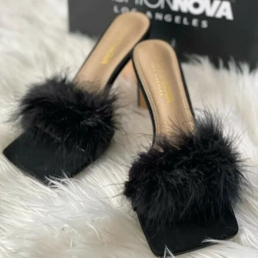 Fashion Nova Women Black Fax fux Sandals Mules Sexy Block High Heels  Sz 7.5 - Picture 5 of 9